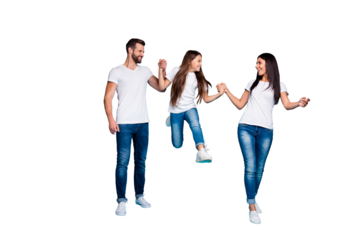 Full size photo of daddy mommy and small lady going and jumping together wear casual outfit isolated blue background