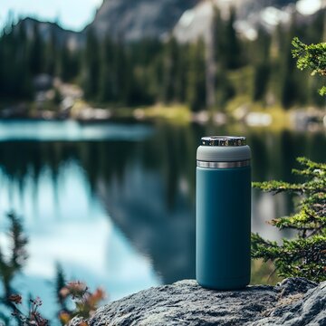 An insulated hydro flask resting on a rock by a serene lake, blending seamlessly with the natural landscape.