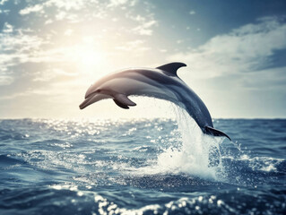 Fototapeta premium Dolphin leaps joyfully against a vibrant sunset over tranquil ocean waters