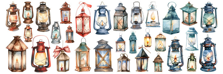 Set of isolated cute oil lamps in vivid hand painted watercolor painting on a transparent background for ornamental Christmas and New Year celebration party decoration elements.