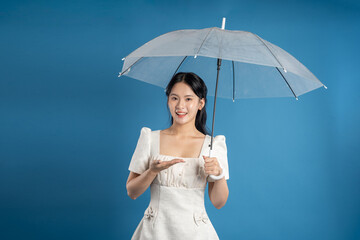 Portrait of beautiful Asian woman posing on blue background.