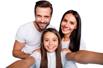 Photo of daddy mommy and small lady making selfies wear casual outfit isolated blue background
