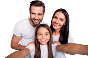 Photo of daddy mommy and small lady making selfies wear casual outfit isolated blue background