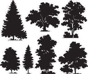 Silhouette tree set. Side view, set of graphic trees elements outline symbol for architecture and landscape design drawing. Hand drawn vector illustration