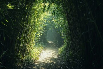 Fototapeta premium Serene Pathway Through Towering Bamboo Jungle