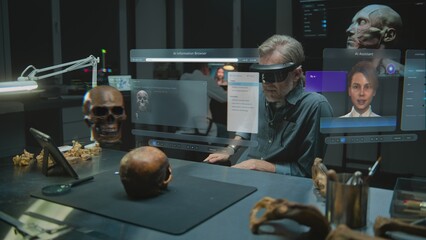 Advanced archaeological lab: Archaeologist in VR headset conducts historical research in augmented reality using fossil skull. 3D graphics of holographic display with AI assistant and web browser. VFX