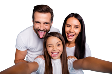 Carefree daddy mommy and small lady making funky selfies wear casual outfit isolated blue background