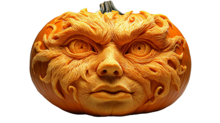 A carved pumpkin shaped like a human face, with intricate details of eyes, nose, and mouth, showcasing a lifelike expression. The pumpkin sits prominently against a plain white background, highlightin