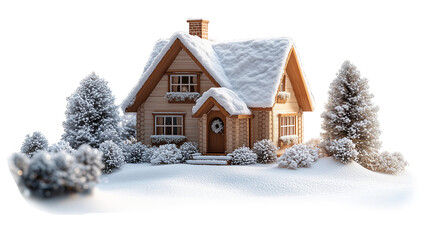 A small cozy house covered in snow, with snow-capped trees surrounding it. The entire scene is set against a plain white background, emphasizing the wintery atmosphere and the delicate snow resting on