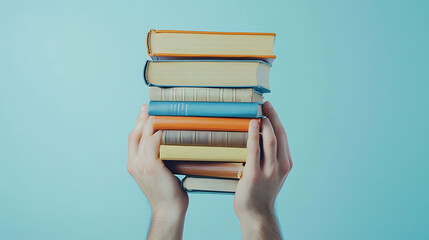 A stack of eight colorful books held in the hands of a person. The books are arranged vertically with the top book facing the viewer. The background is a light blue wall.