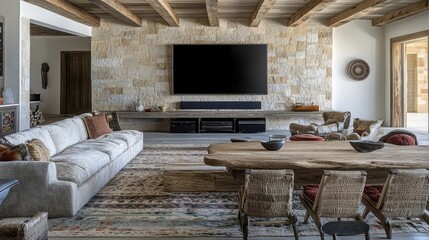 An open-concept Southwestern living space where a grand stone wall integrates a modern entertainment system. A mix of plush sofas and eclectic chairs surrounds a low wooden table