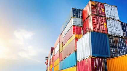 Fototapeta premium A majestic cargo ship sails on tranquil waters under a vast blue sky, showcasing maritime commerce in its serene beauty
