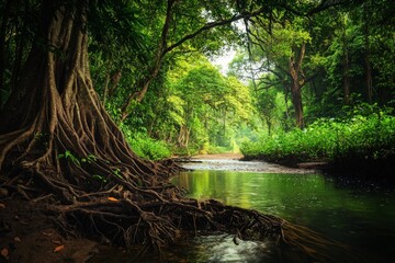 Fototapeta premium Lush Riverbank in Vibrant Jungle Landscape