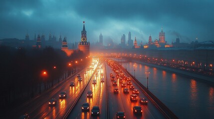 Obraz premium dynamic skyline at dusk with the river and traffic, presenting a beautiful cityscape of vibrant city lights, bustling streets, and the peaceful flow of the river in the evening