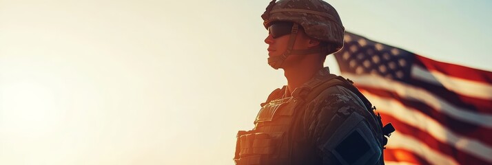 Silhouette of a US soldier against the sunset and flag, Veterans and Memorial Day celebration.