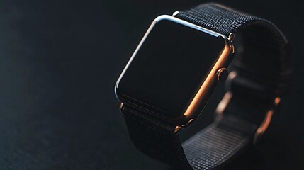 Sleek smart watch with a black nylon wristband on a dark surface, illuminated by warm back light, combines tech and luxury. Close-up shows screen and display functionality