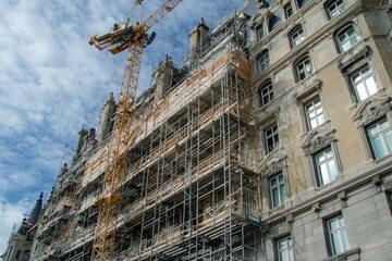 Large Hotel Building Under Mid Renovation with Scaffolding