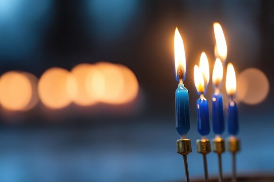 four blue candles are lit in a row