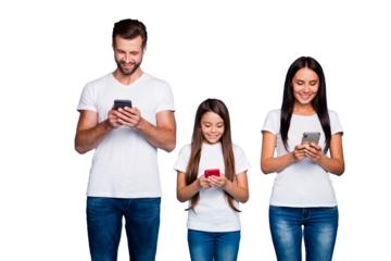 Photo of three family members writing email letters in telephones wear casual outfit isolated blue background