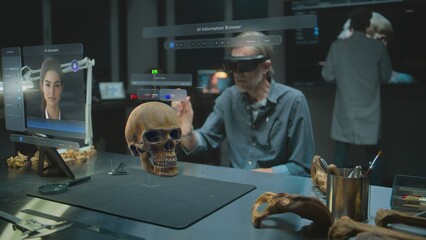 Advanced archaeological lab: Archaeologist in VR headset studies fossil skull and ancient human anatomy using augmented reality. 3D graphics of virtual display with AI assistant and web browser. VFX