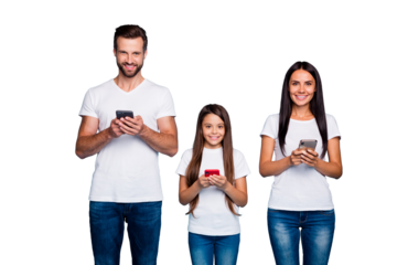 Photo of foster family with telephones in hands wear casual outfit isolated blue background
