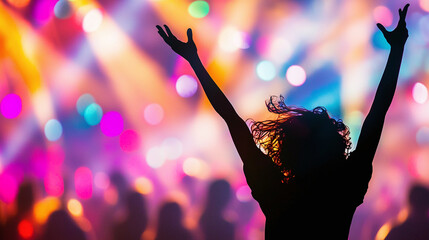ecstatic dancer silhouetted against a backdrop of strobing lights and hazy club atmosphere.