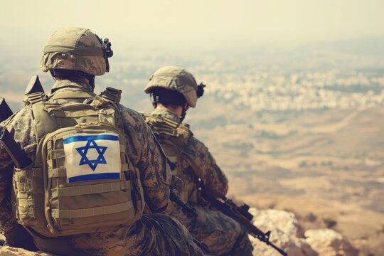 two soldiers sitting on top of a hill with an israeli flag