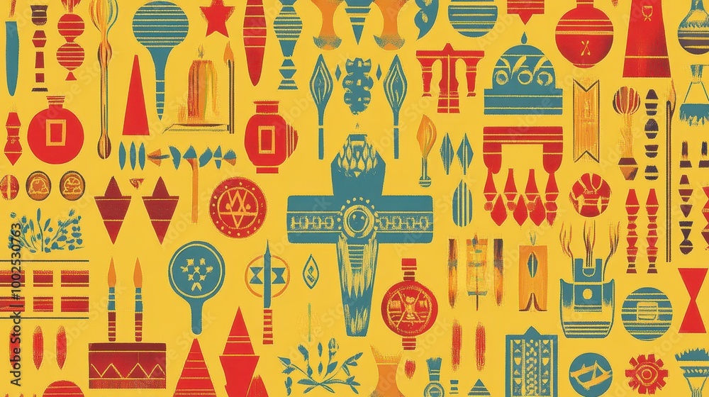 Wall mural a colorful pattern of different objects on a yellow background