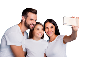 Photo of foster family with telephones in hands making pretty selfies wear casual outfit isolated blue background