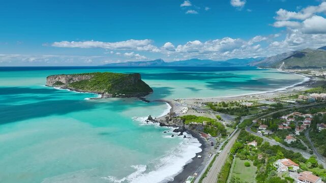 Praia a Mare from a drone, Tyrrhenian Sea, Cosenza, Calabria, Italy, Europe