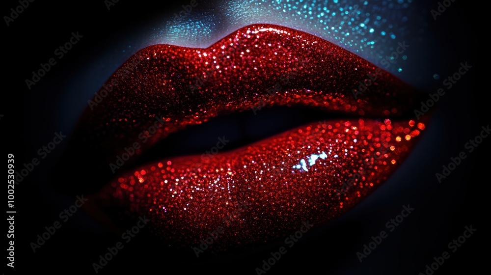 Poster glossy lips adorned with a vibrant shine, showcasing a bold and captivating look in a striking close