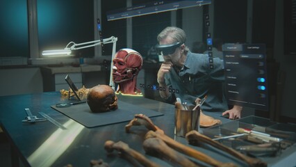 Advanced archaeological lab: Archaeologist in VR headset examines ancient human anatomy in...