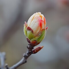A close-up of a budding cherry blossom sheathed in delicate petals, ready to burst into full bloom.