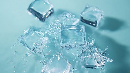 Ice cubes falling into clear water, creating bubbles and a refreshing splash, perfect for a hot summer day