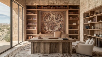 Explore a cozy yet opulent Southwestern study adorned with built-in wooden bookshelves and a large handwoven tapestry. The room's focal point