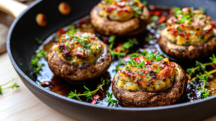 close-up view of juicy stuffed mushrooms in a seared pan, herbs scattered artfully on a pale wooden surface