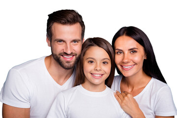 Close up photo of dad mom and small lady happy together wear casual outfit isolated blue background