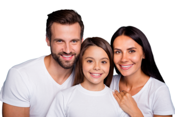 Close up photo of dad mom and small lady happy together wear casual outfit isolated blue background