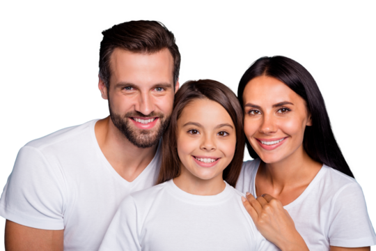 Close up photo of dad mom and small lady happy together wear casual outfit isolated blue background