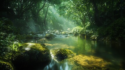 Obraz premium Serene Stream Winding Through Lush Jungle Landscape