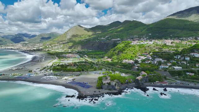Praia a Mare from a drone, Tyrrhenian Sea, Cosenza, Calabria, Italy, Europe