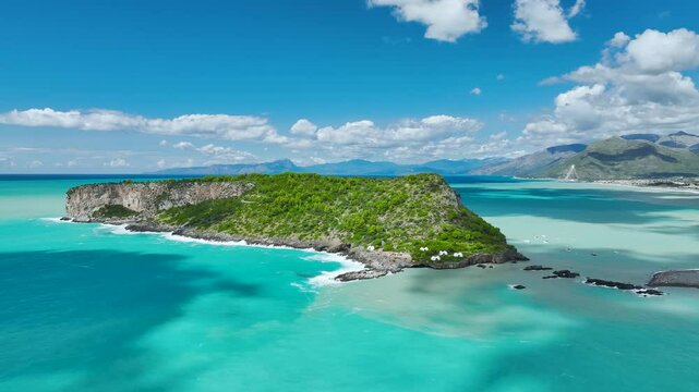 Praia a Mare from a drone, Tyrrhenian Sea, Cosenza, Calabria, Italy, Europe