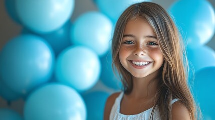 Naklejka premium joyful girl smiles in a birthday photo surrounded by blue balloons, creating a fun and festive atmosphere filled with cheer, joy, and the spirit of celebration