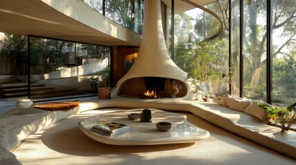 Luxury living room with an odd-shaped table at the center, a fireplace adding warmth, and large clear windows.