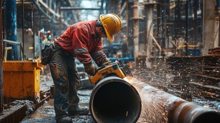 Worker Using Power Saw to Cut Metal Pipe