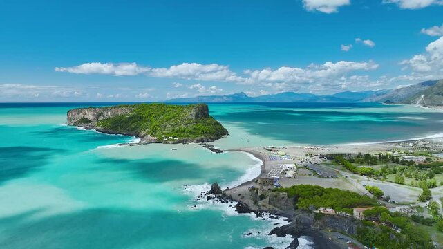 Praia a Mare from a drone, Tyrrhenian Sea, Cosenza, Calabria, Italy, Europe
