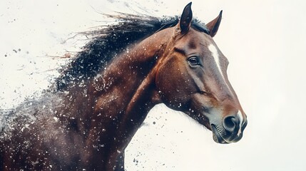 Beautiful brown horse head in the style of watercolor on a white background, close-up portrait