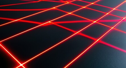 Bright red laser beams crisscrossing in zigzag patterns over a flat black surface giving an electrifying feel