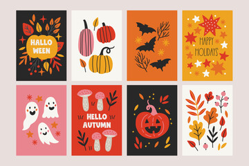 Halloween greeting cards with pumpkins, bat, ghost, stars, leaves, mushrooms, branches in Red, Yellow, Orange, Black and White. Perfect for holiday decoration. Vector illustration