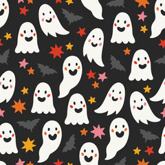 Halloween seamless pattern with bats, stars and ghosts on black background. Perfect for wallpaper, gift paper, autumn greeting cards. Vector illustration